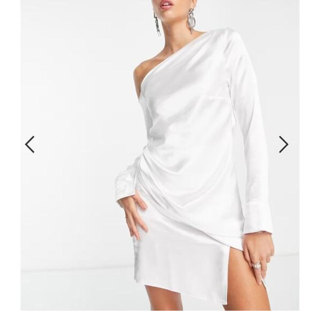 ASOS DESIGN off shoulder satin‎ long sleeve drape mini dress white shine Size 8